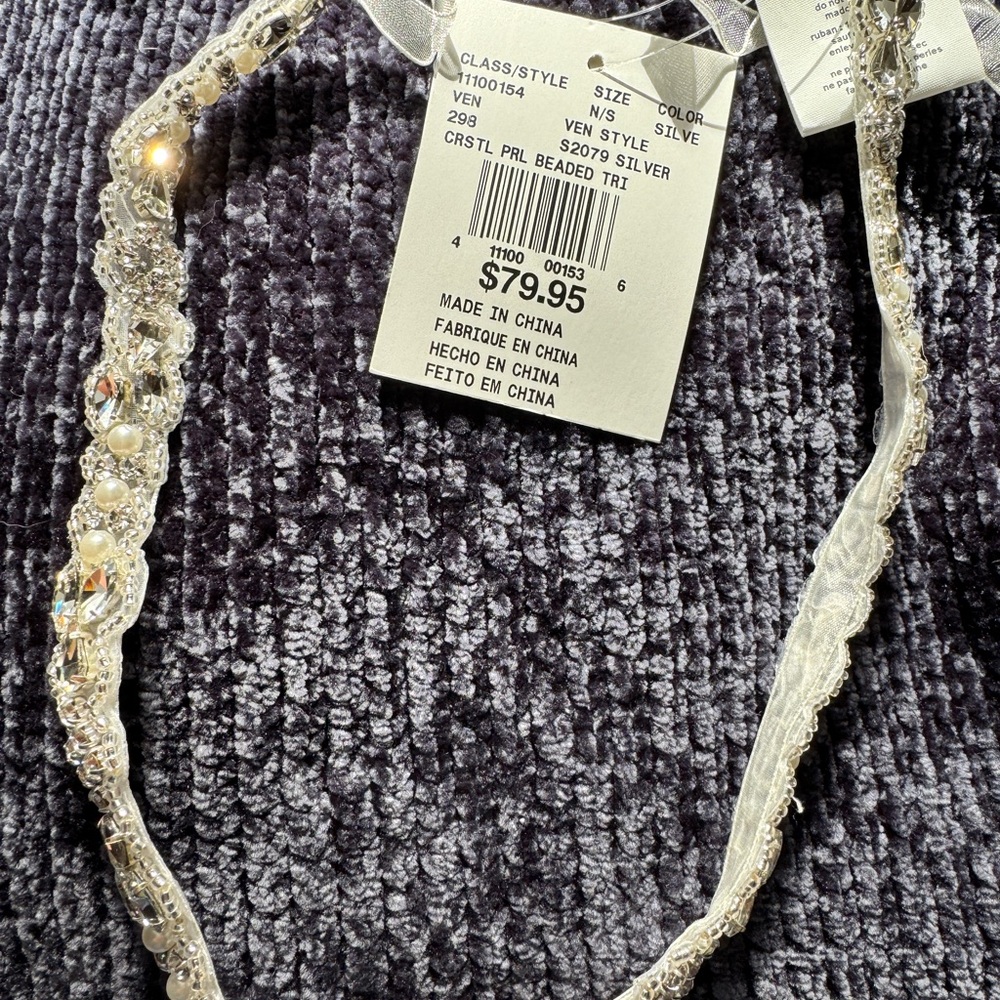 David's Bridal Silver Crystal Pearl Beaded Wedding Dress Belt